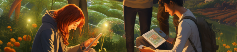 Futuristic image of young adults with devices in a field of growing plants and a network moon.